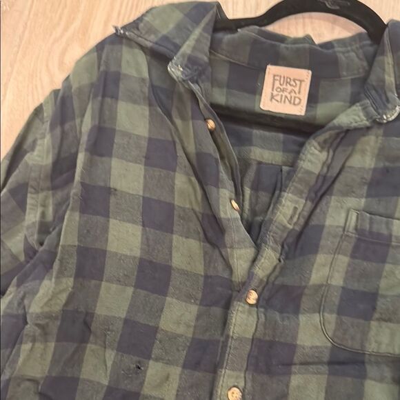 LF Green and Blue Oversized Plaid Flannel Button Down with Stars - Picture 2 of 4
